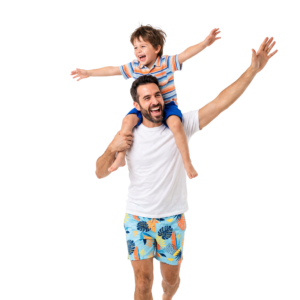 Father Carrying Son Shoulder Piggyback Arms Outstretched