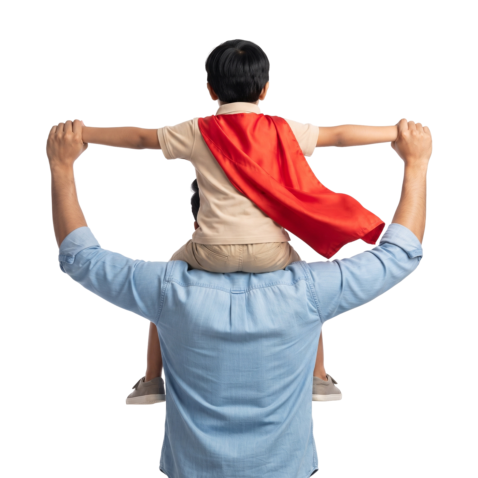 Father Carrying Son Superhero Cape Piggyback Back View