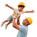 Father Construction Worker Lifting Son Wearing Yellow Hardhats