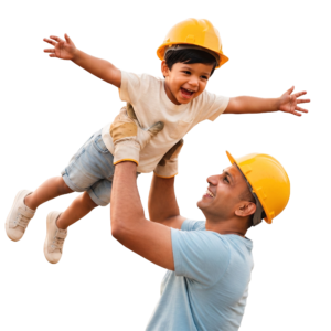 Father Construction Worker Lifting Son Wearing Yellow Hardhats