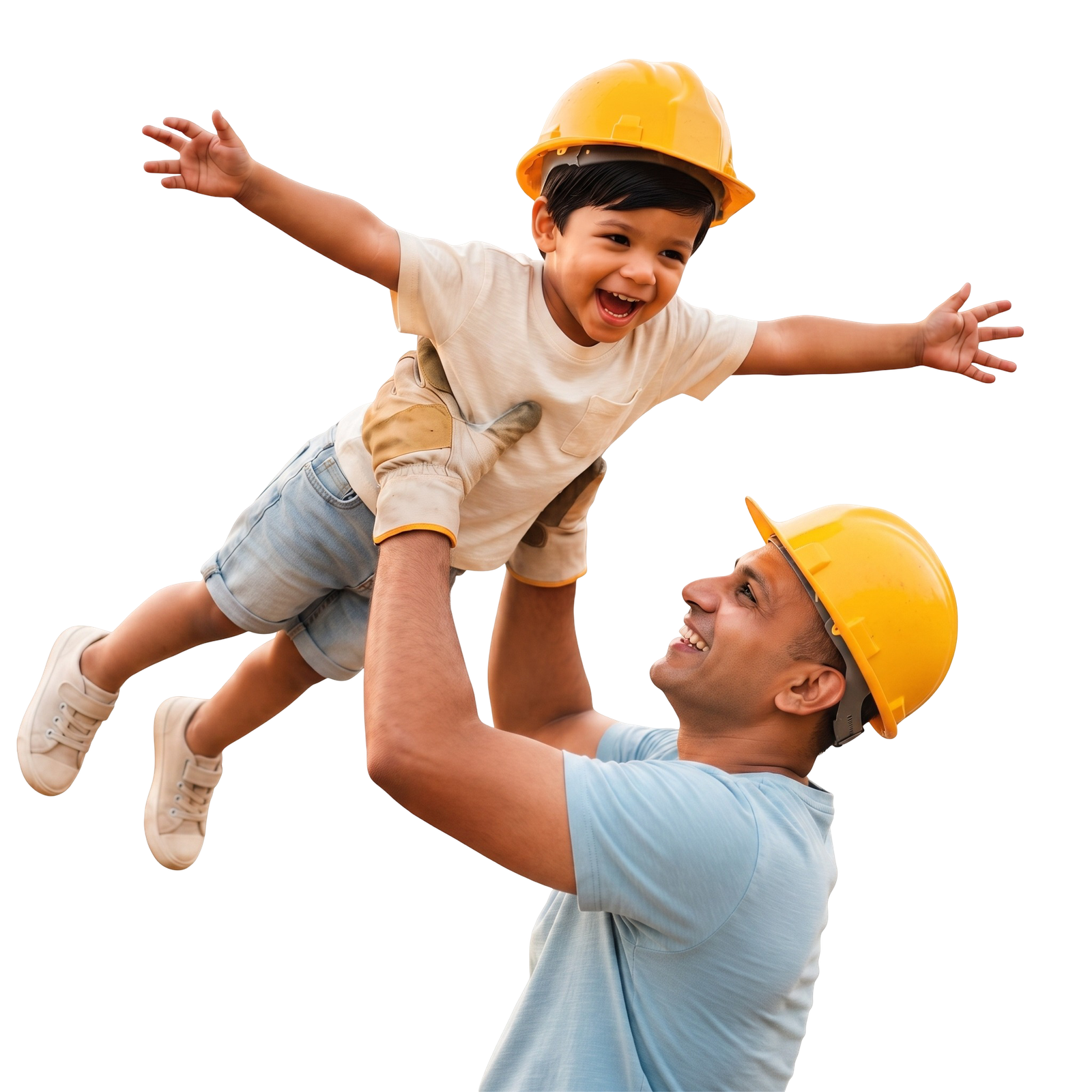 Father Construction Worker Lifting Son Wearing Yellow Hardhats