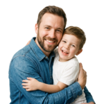 Father and Son Hugging Cheerful Smiling