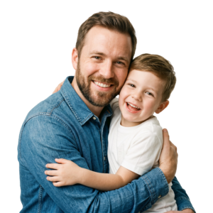 Father and Son Hugging Cheerful Smiling