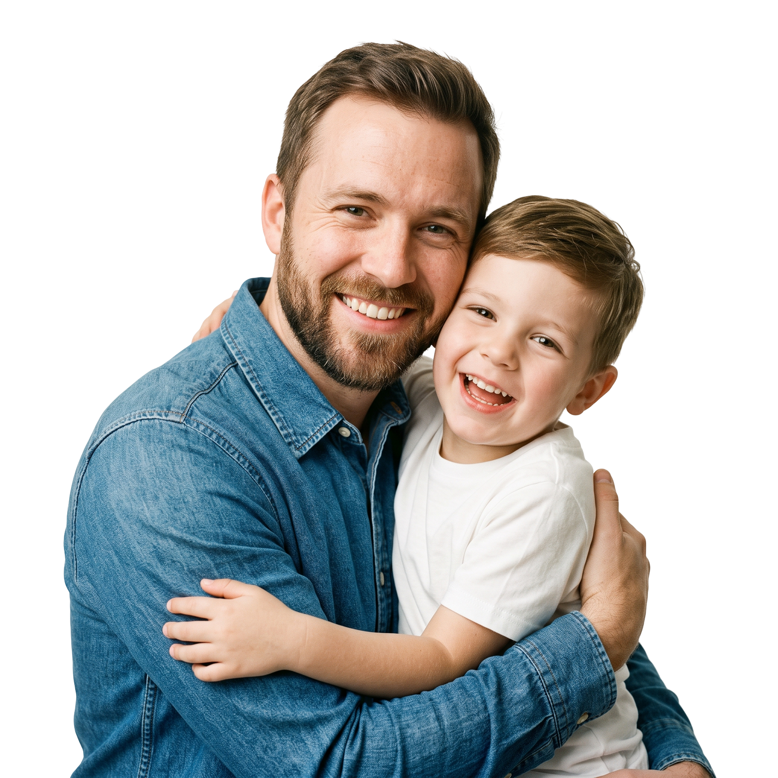 Father and Son Hugging Cheerful Smiling