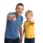 Father and Son Pointing Forward Cheerful