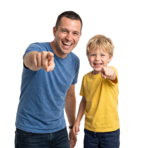 Father and Son Pointing Forward Cheerful
