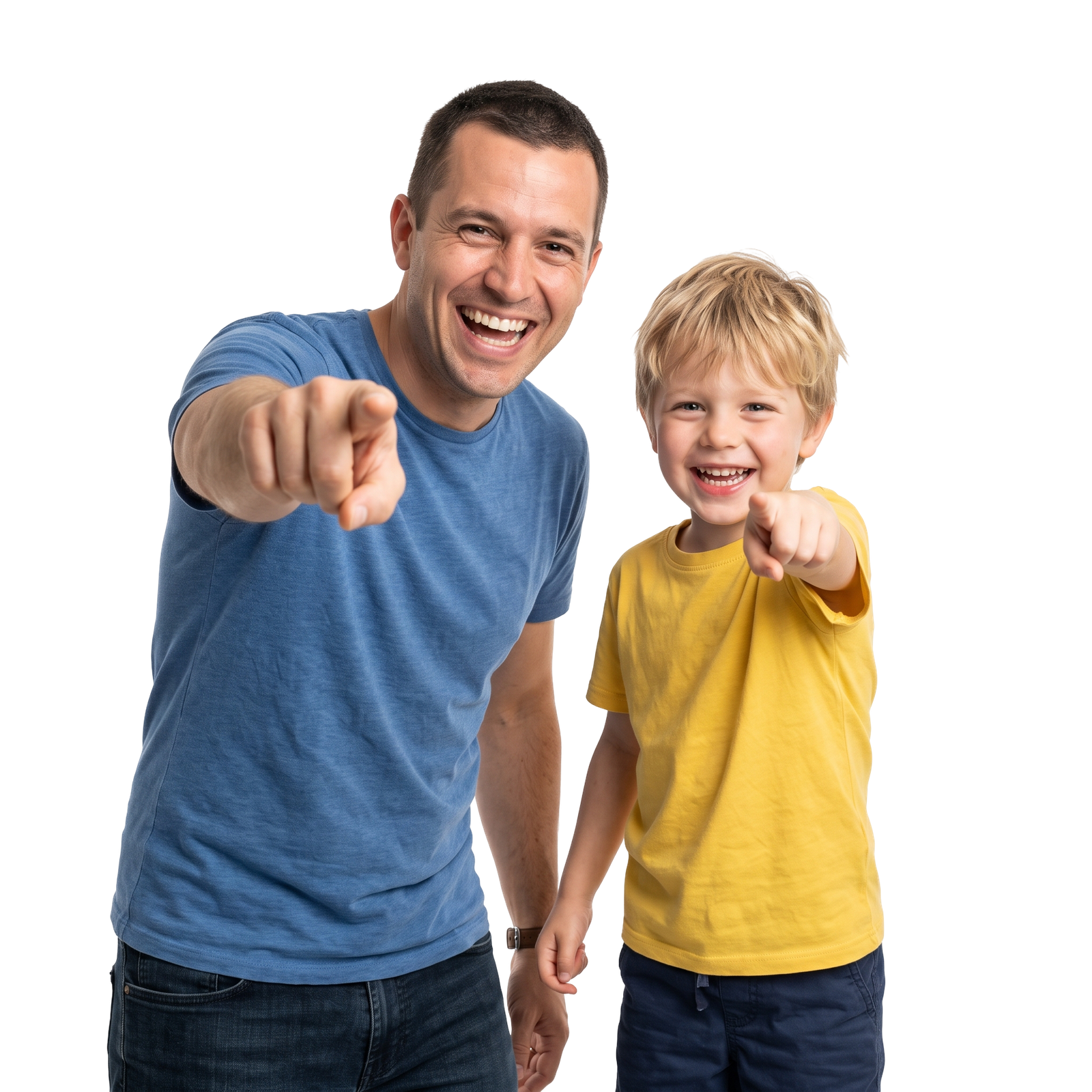 Father and Son Pointing Forward Cheerful