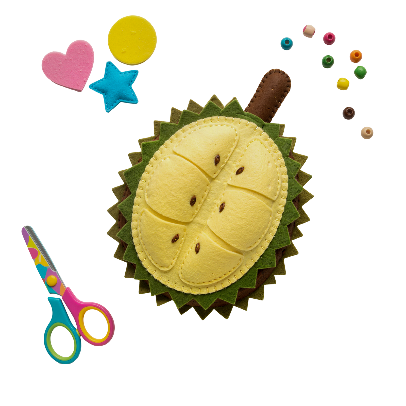 Felt Durian Fruit Craft with Scissors DIY Kit Transparent Background