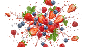 Flying Mixed Berries with Juice Splash Transparent Background