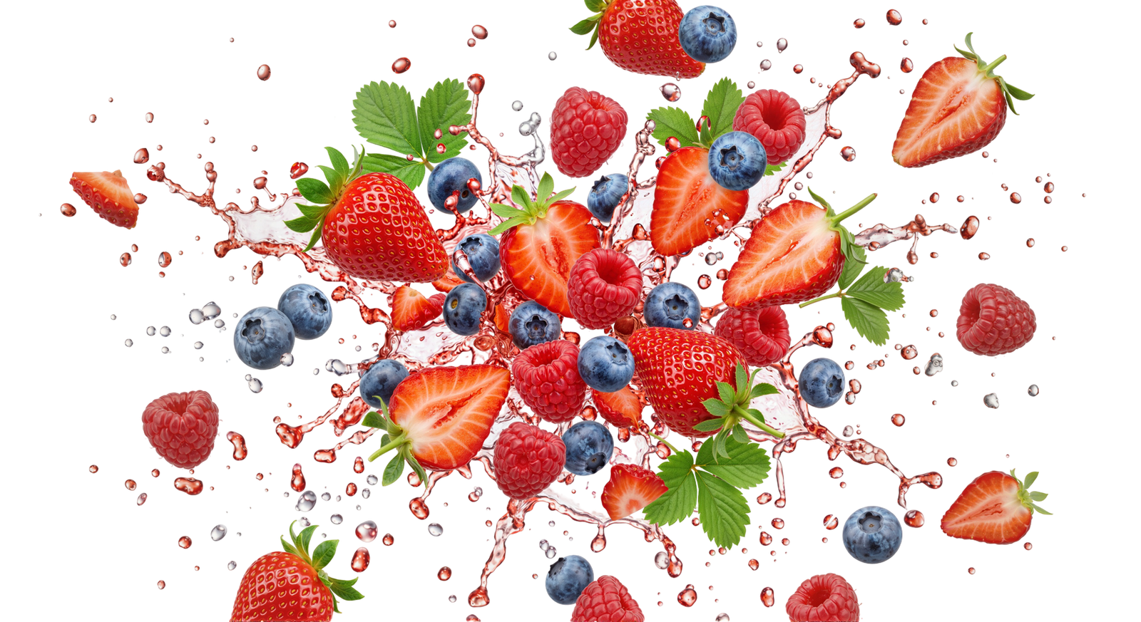 Flying Mixed Berries with Juice Splash Transparent Background