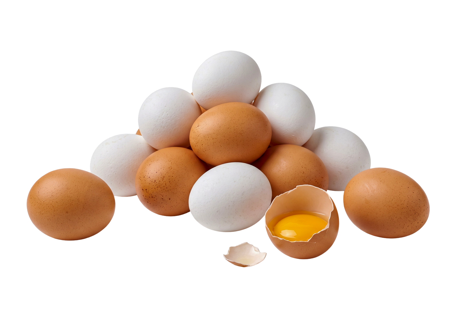 Fresh Brown Eggs Pile with Broken Yolk Isolated