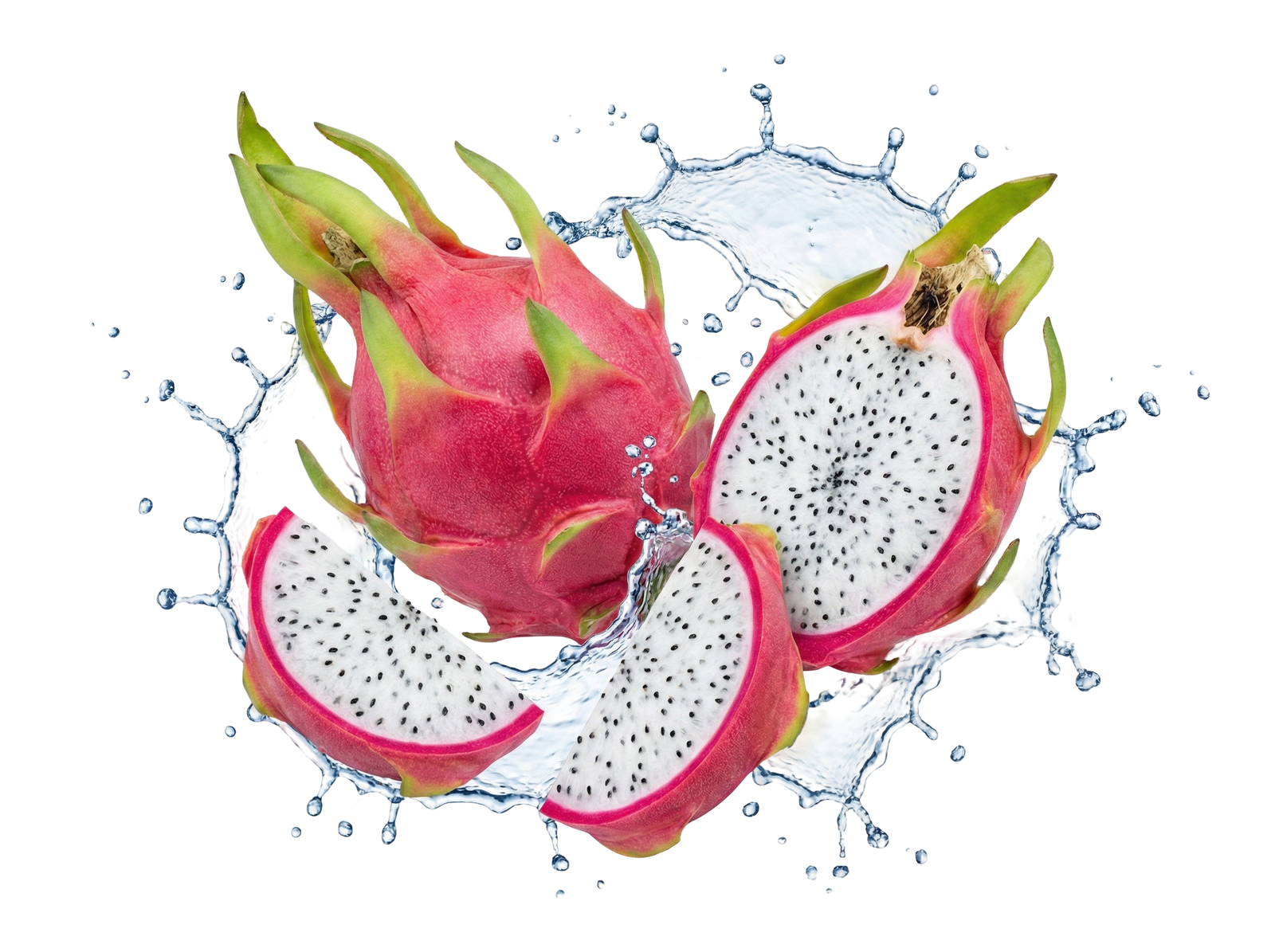 Fresh Dragon Fruit Slices with Water Splash Transparent Background