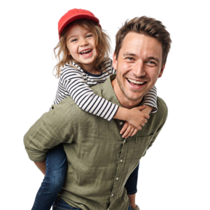 Happy father giving his little daughter a piggyback ride, isolated on transparent background