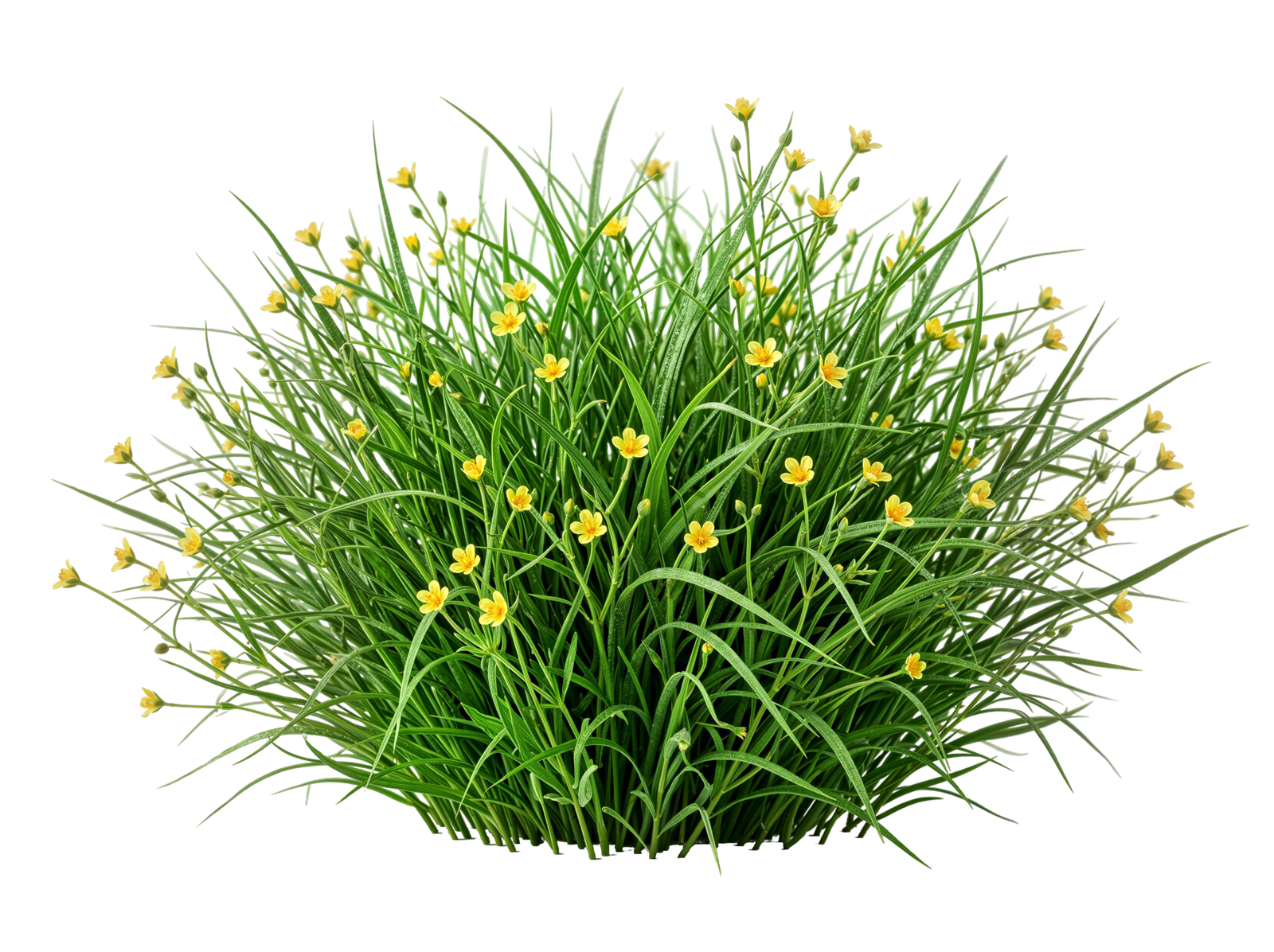 Green Grass Clump with Yellow Wildflowers Bush Transparent Background