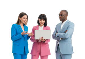 Group of Diverse Business Professionals in Colorful Suits Discussing Project