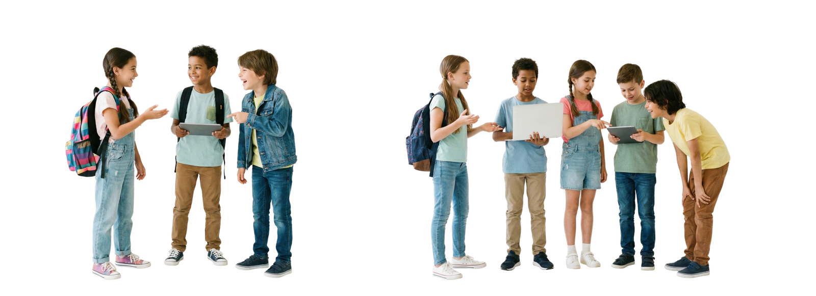 Group of Diverse Children Students Talking and Using Digital Tablets