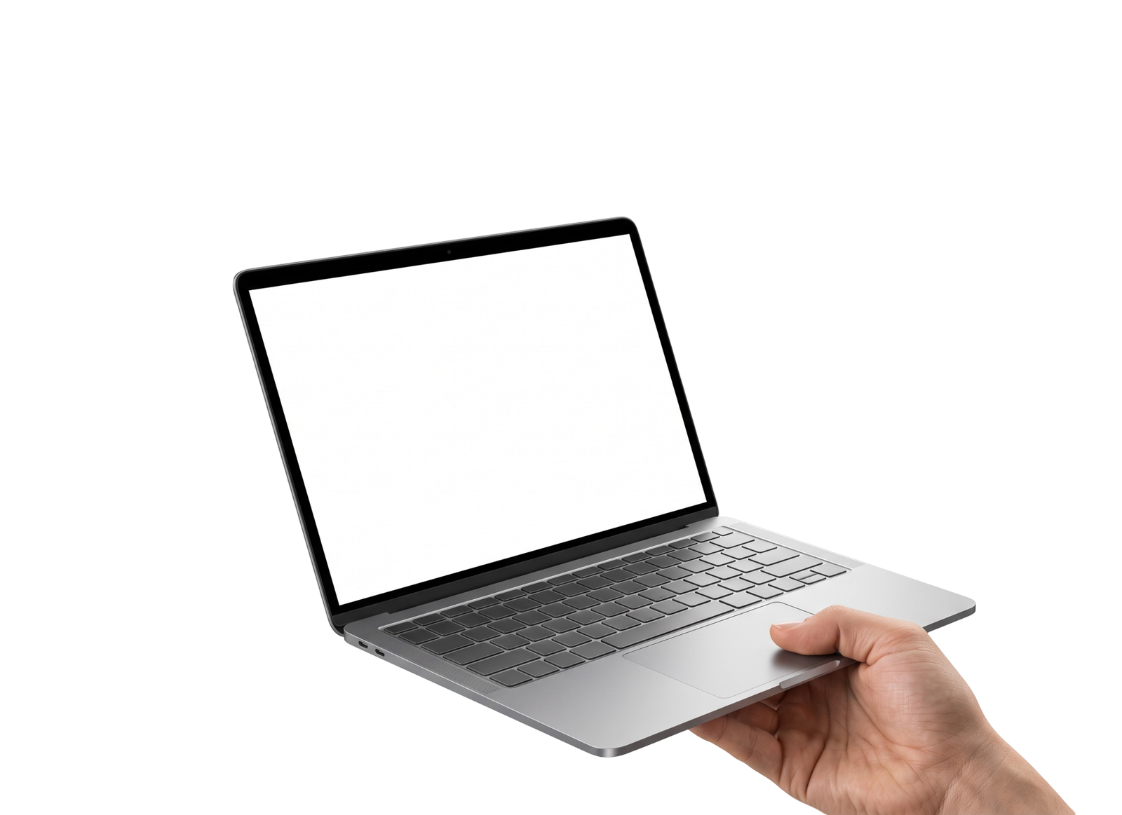 Hand Holding Open Laptop Blank Screen Isolated