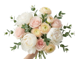 Hand Holding Romantic Peony Rose Flower Bouquet Transparent Background