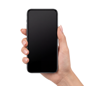 Hand Holding Smartphone with Blank Black Screen Transparent Background