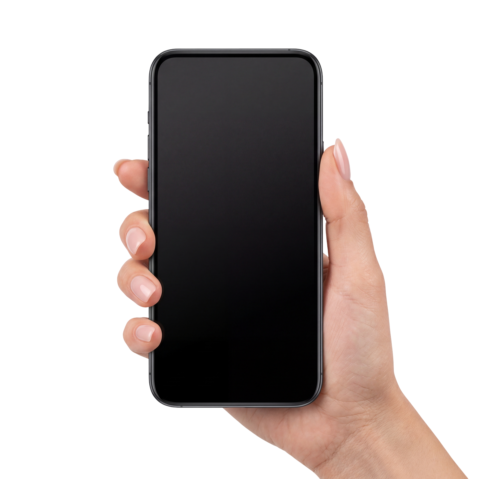 Hand Holding Smartphone with Blank Black Screen Transparent Background