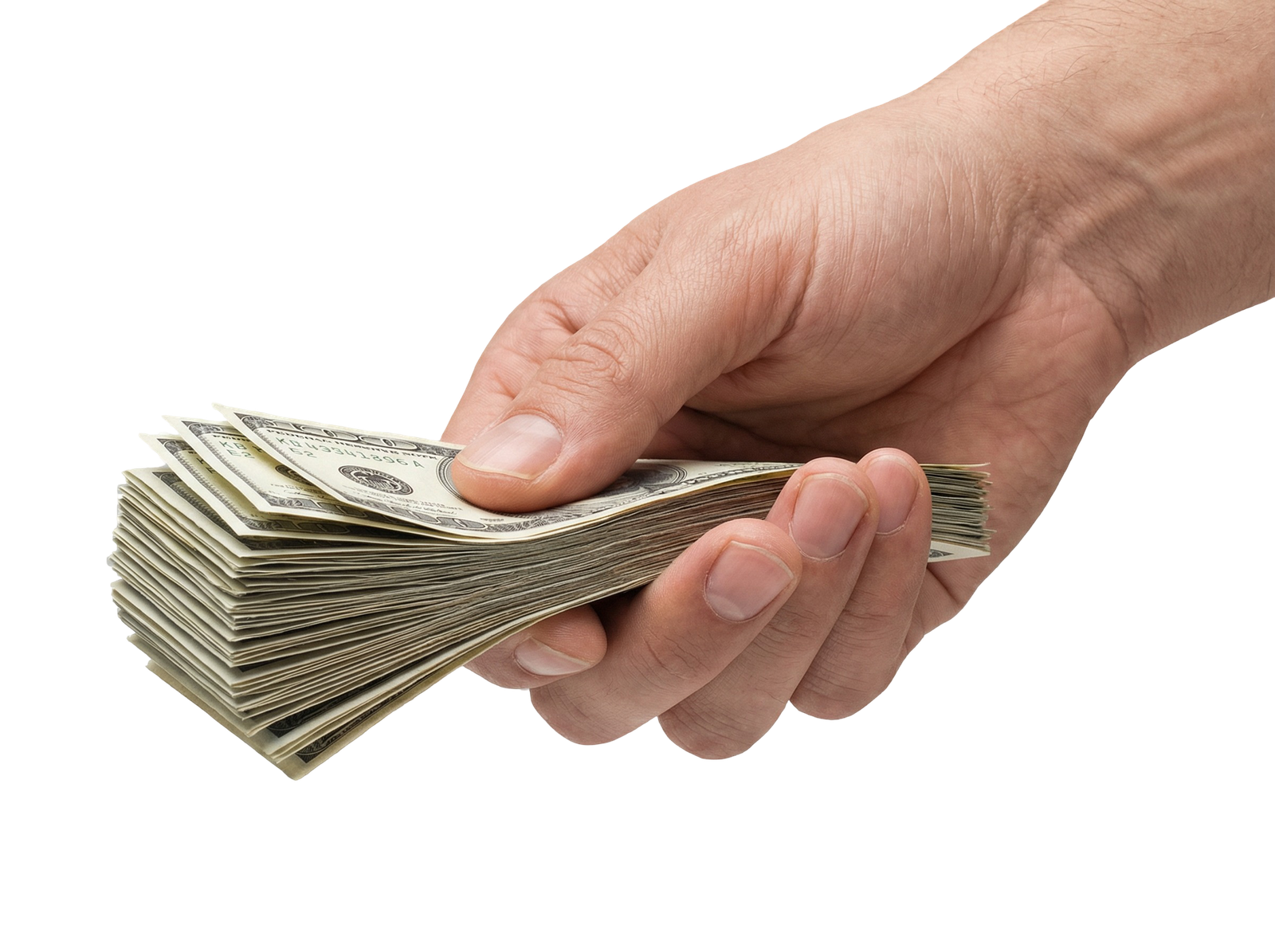 Hand Holding Stack of US Dollar Cash Banknotes Transparent Background