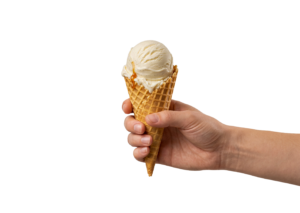 Hand Holding Vanilla Ice Cream Waffle Cone Isolated
