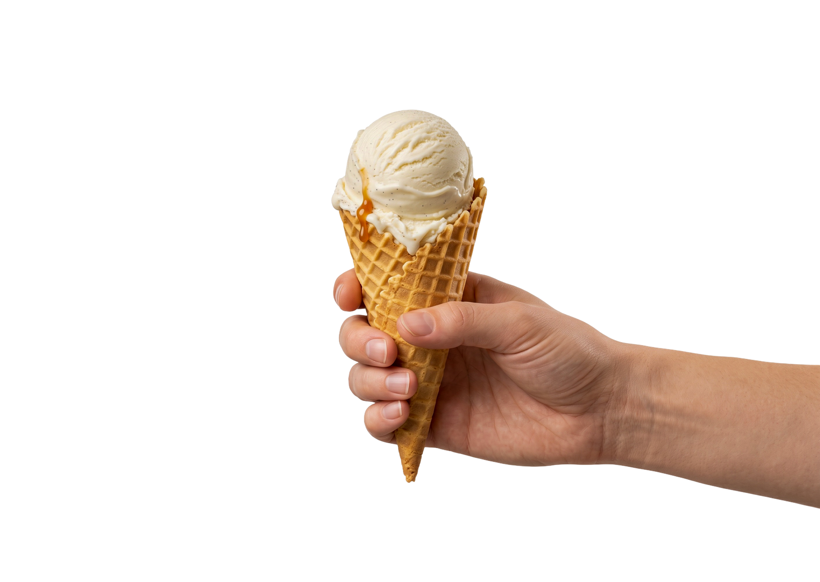 Hand Holding Vanilla Ice Cream Waffle Cone Isolated