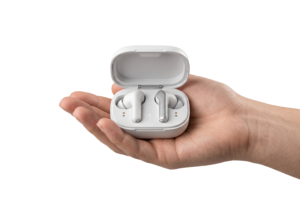Hand Holding Wireless Earbuds Case Isolated
