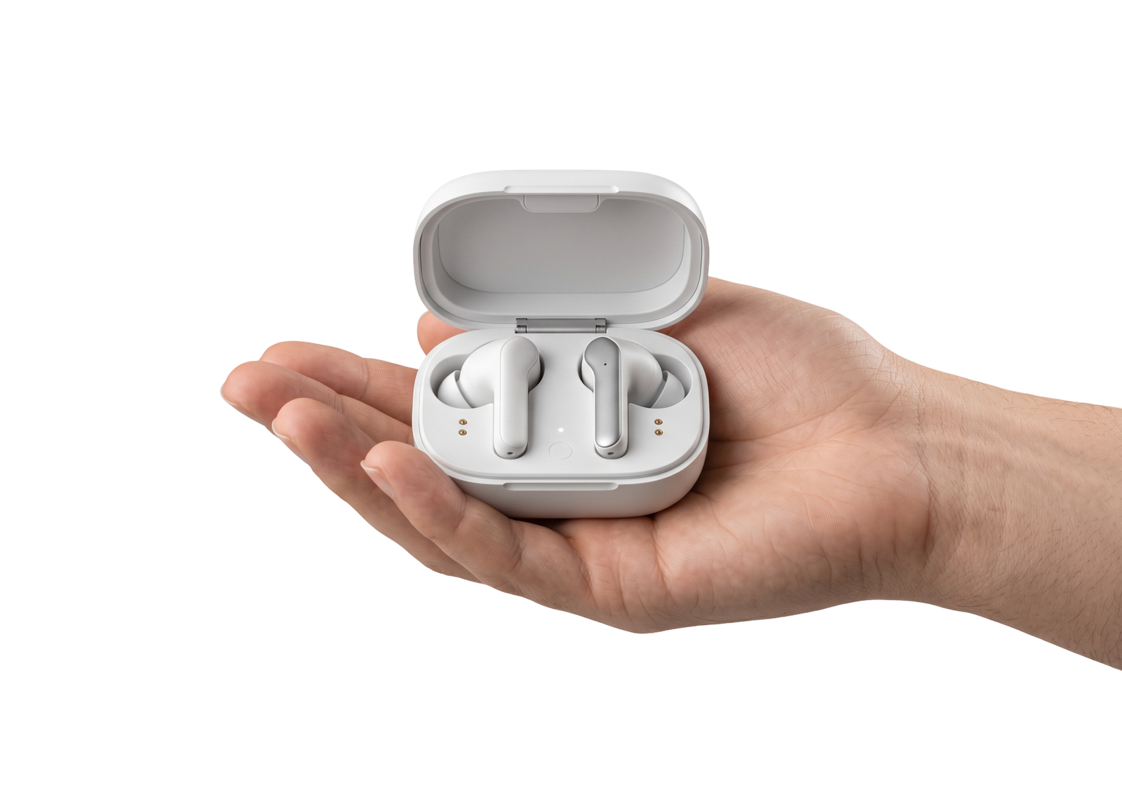 Hand Holding Wireless Earbuds Case Isolated