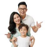 Happy Asian Family Pointing Finger Forward Smiling Transparent Background