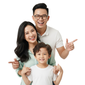 Happy Asian Family Pointing Finger Forward Smiling Transparent Background
