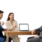 Happy Business People Having Meeting Sitting Around Desk with Laptop