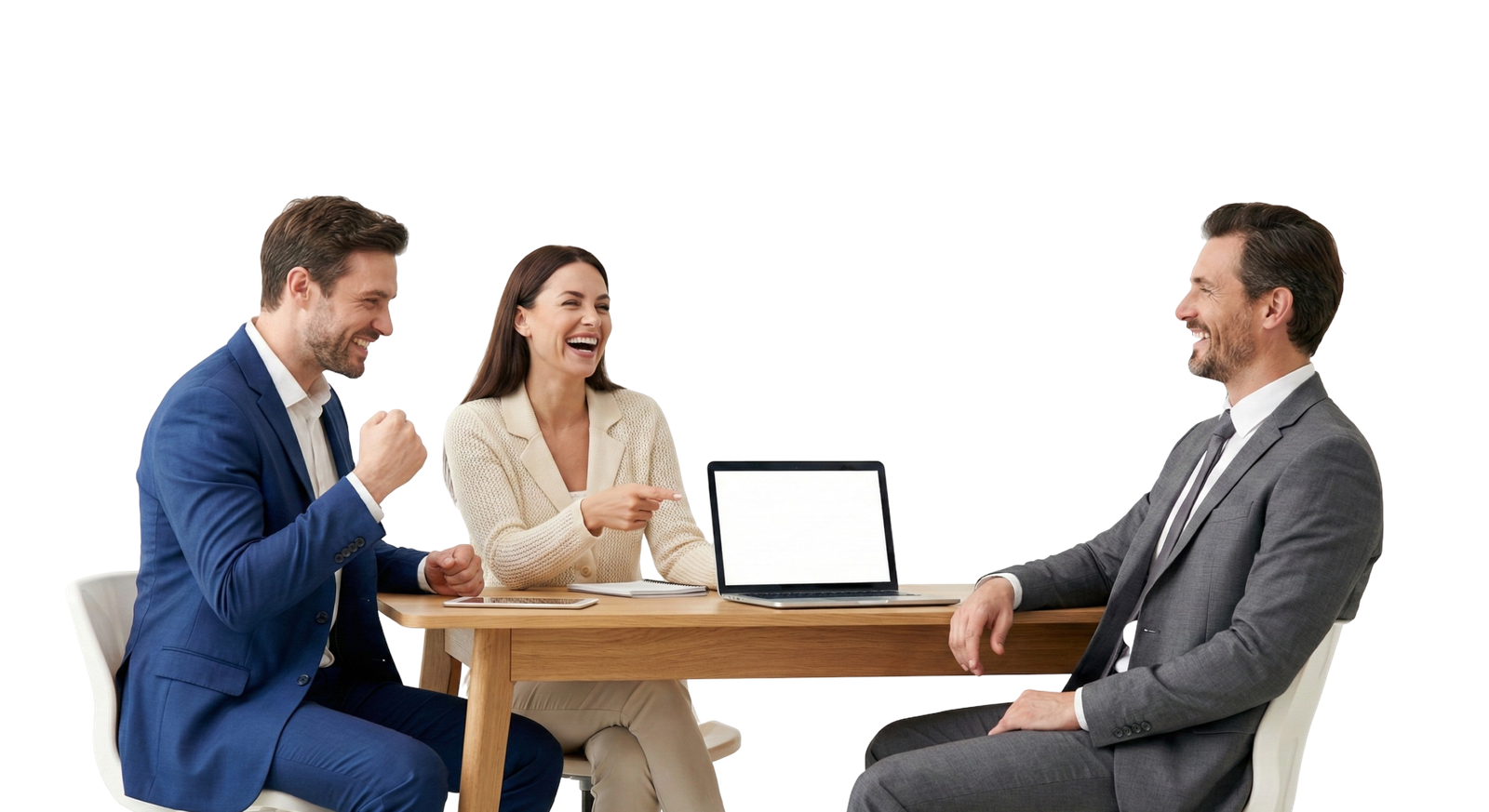 Happy Business People Having Meeting Sitting Around Desk with Laptop