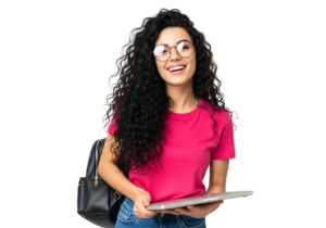 Happy College Student Girl Carrying Backpack Holding Digital Tablet