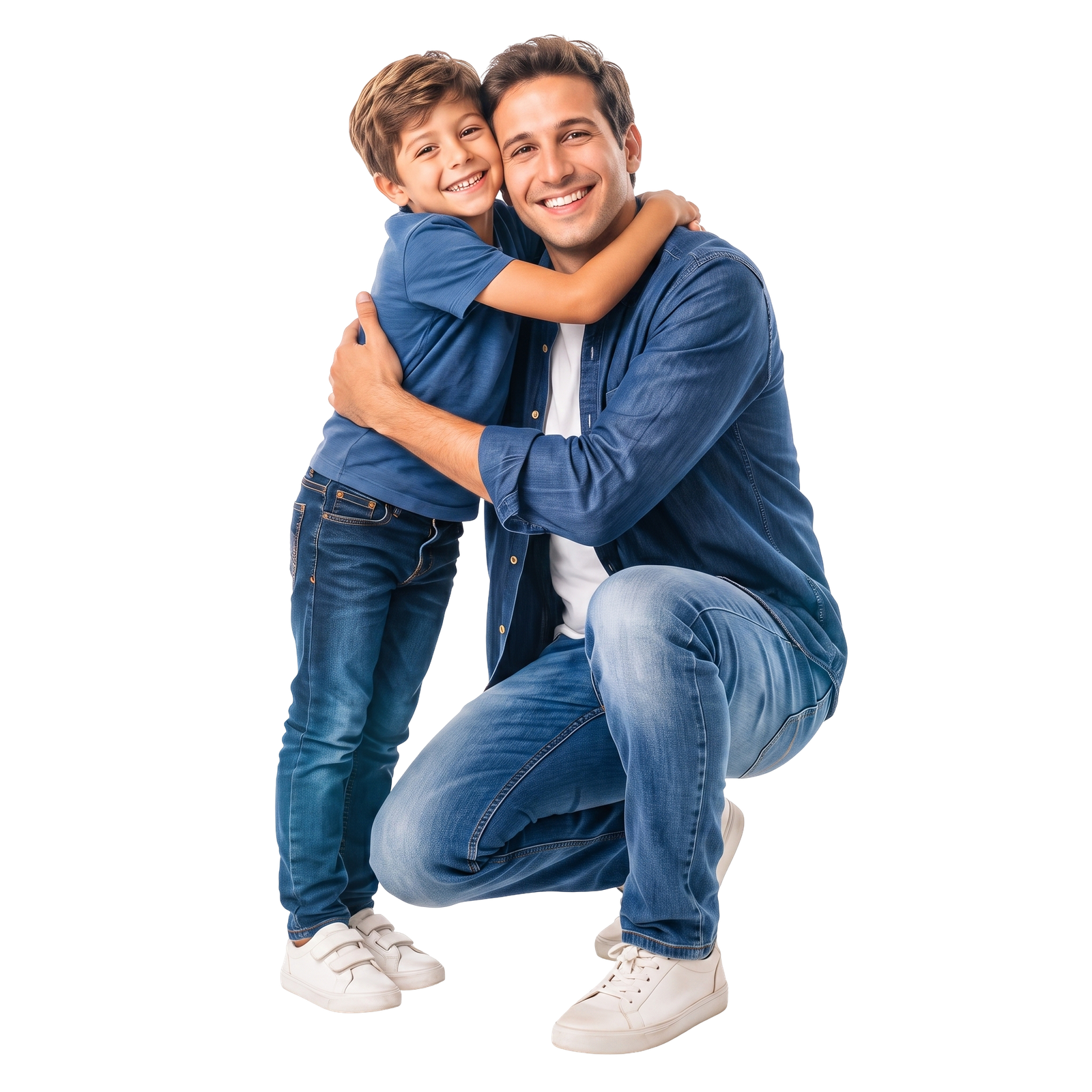Happy Father and Son Hugging Kneeling