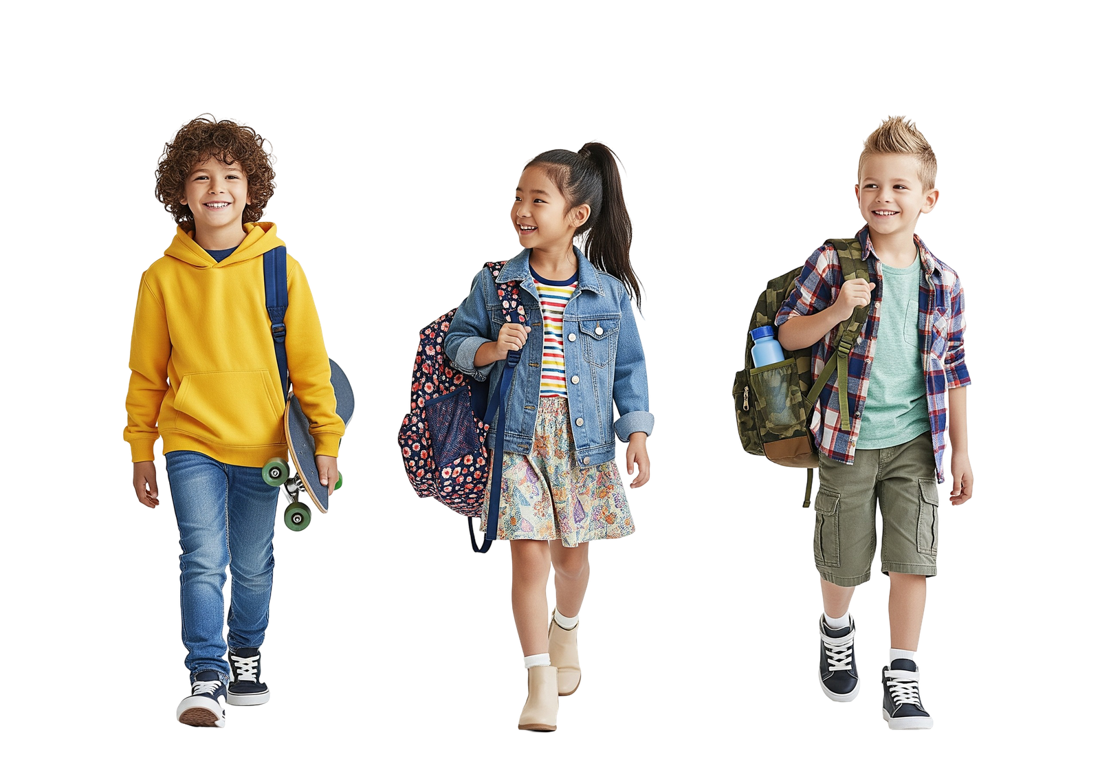 Happy Group of Diverse Children Walking with Backpacks Back to School