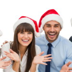 Happy Office Coworkers Team Wearing Santa Hats Celebrating Christmas
