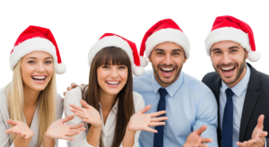 Happy Office Coworkers Team Wearing Santa Hats Celebrating Christmas