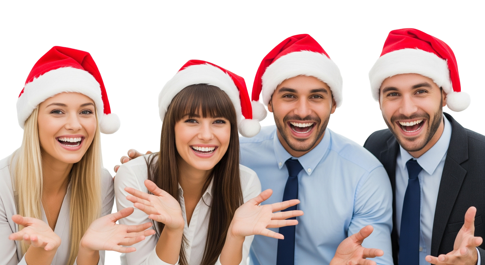 Happy Office Coworkers Team Wearing Santa Hats Celebrating Christmas