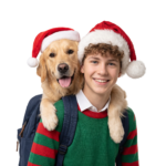 Happy Teen Boy with Dog Wearing Santa Hats Isolated