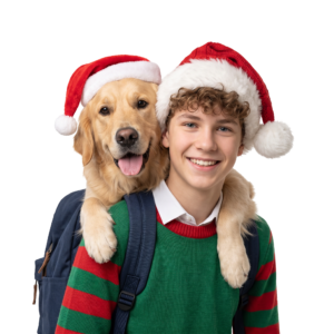 Happy Teen Boy with Dog Wearing Santa Hats Isolated