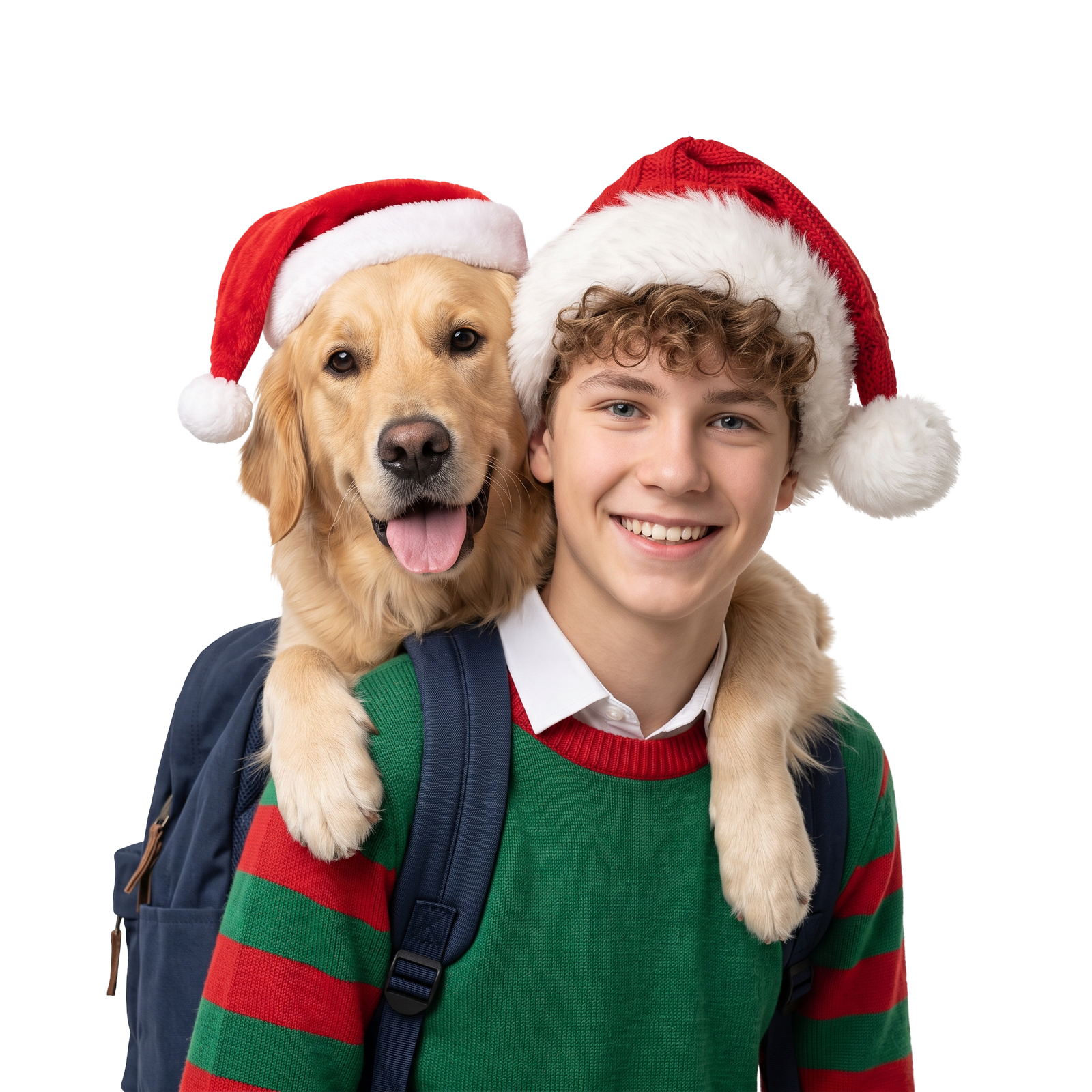 Happy Teen Boy with Dog Wearing Santa Hats Isolated