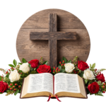 Holy Bible Open with Wooden Cross and Red Roses Transparent Background