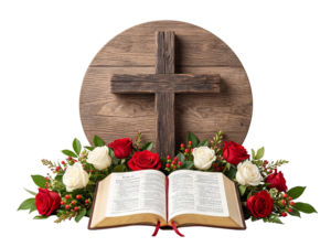Holy Bible Open with Wooden Cross and Red Roses Transparent Background