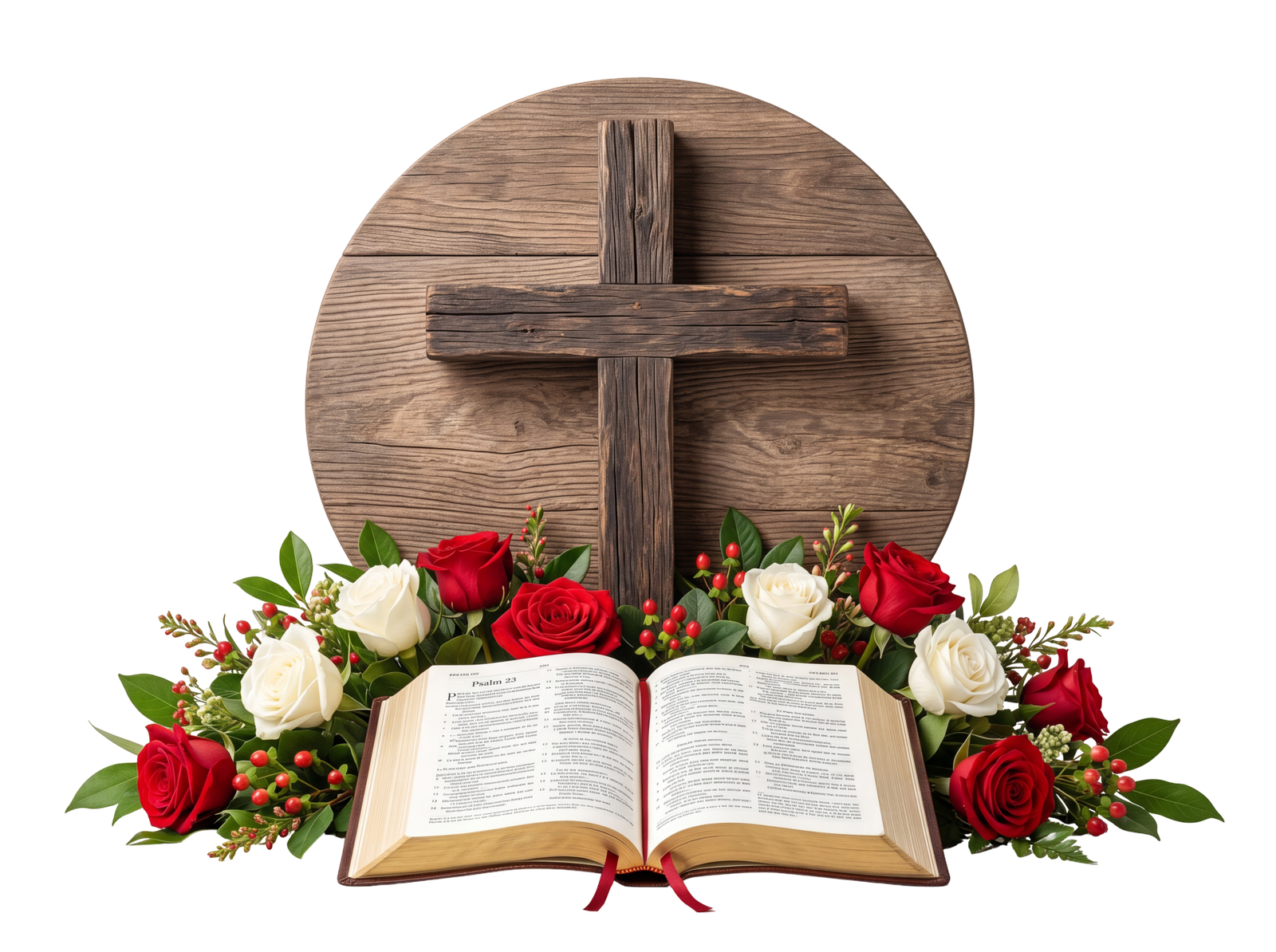 Holy Bible Open with Wooden Cross and Red Roses Transparent Background
