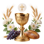 Holy Communion Chalice Bread Grapes Wheat Isolated