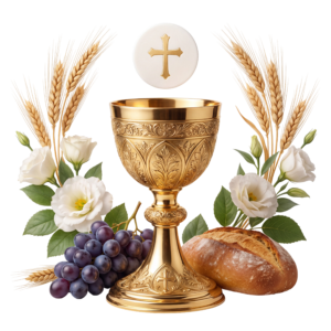Holy Communion Chalice Bread Grapes Wheat Isolated