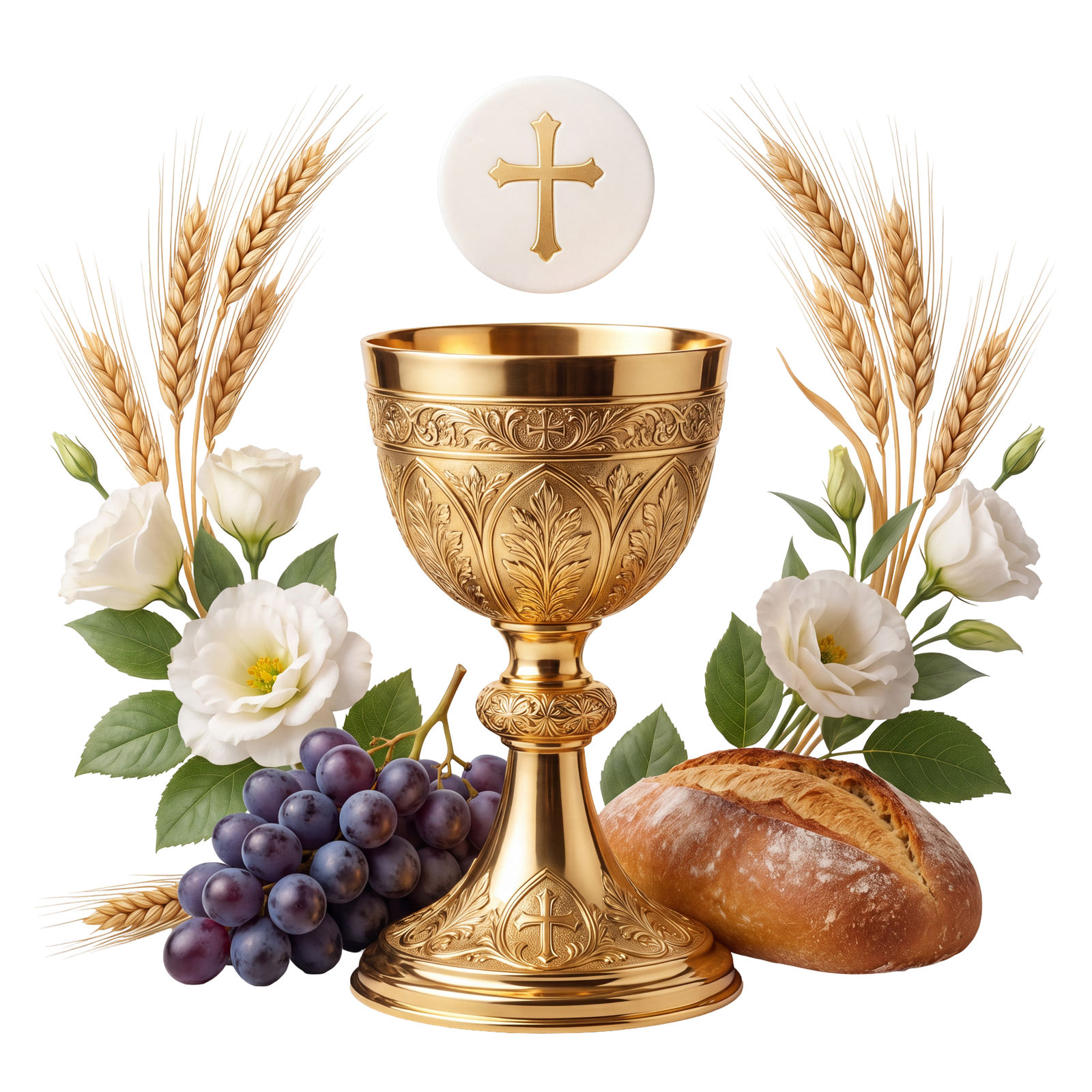 Holy Communion Chalice Bread Grapes Wheat Isolated