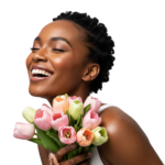Joyful Black Woman Holding Colorful Tulips Bouquet Transparent Background