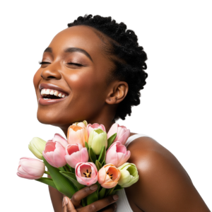 Joyful Black Woman Holding Colorful Tulips Bouquet Transparent Background